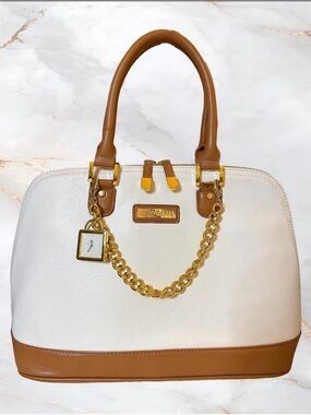 Joy & Iman Power Purse Satchel w/ Watch Charm – Cream/Cognac